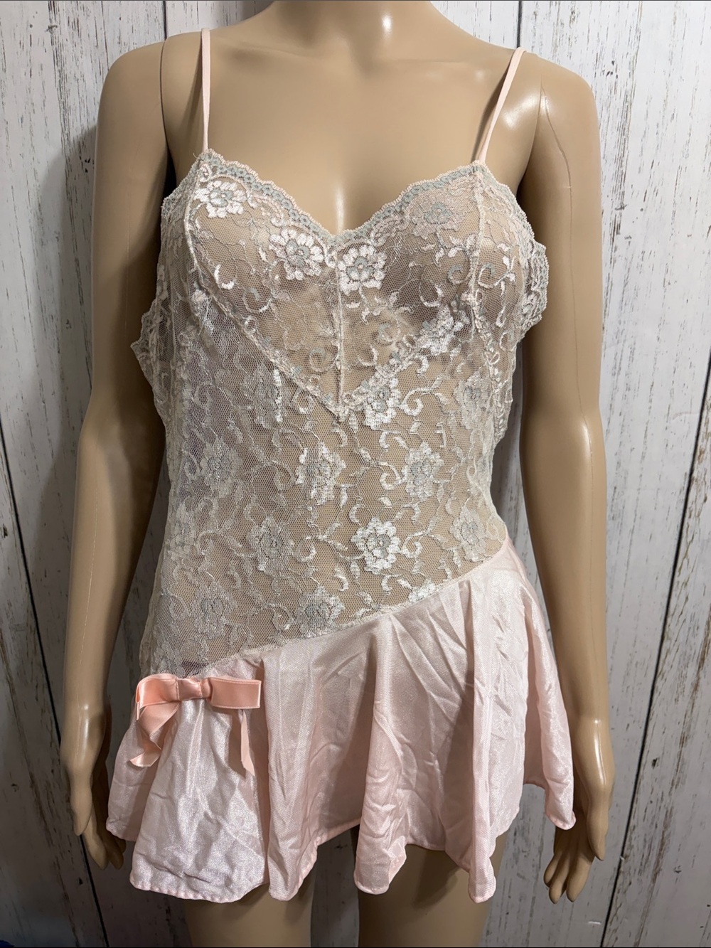 Vintage Pink Lace & Satin Chemise with Bow Accent